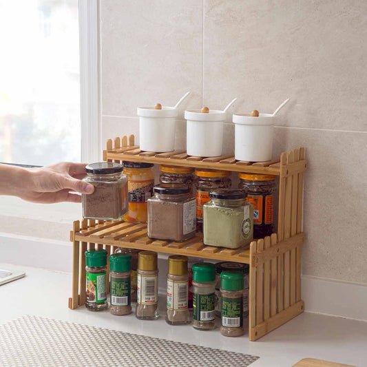 2 Layers Bamboo Storage Rack Kitchen Spice Jar Bottle Sea Son